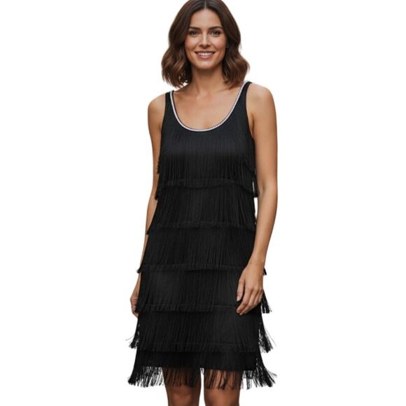 Jerry Beck Black Fringe Flapper Dress size XL - Picture 1 of 11